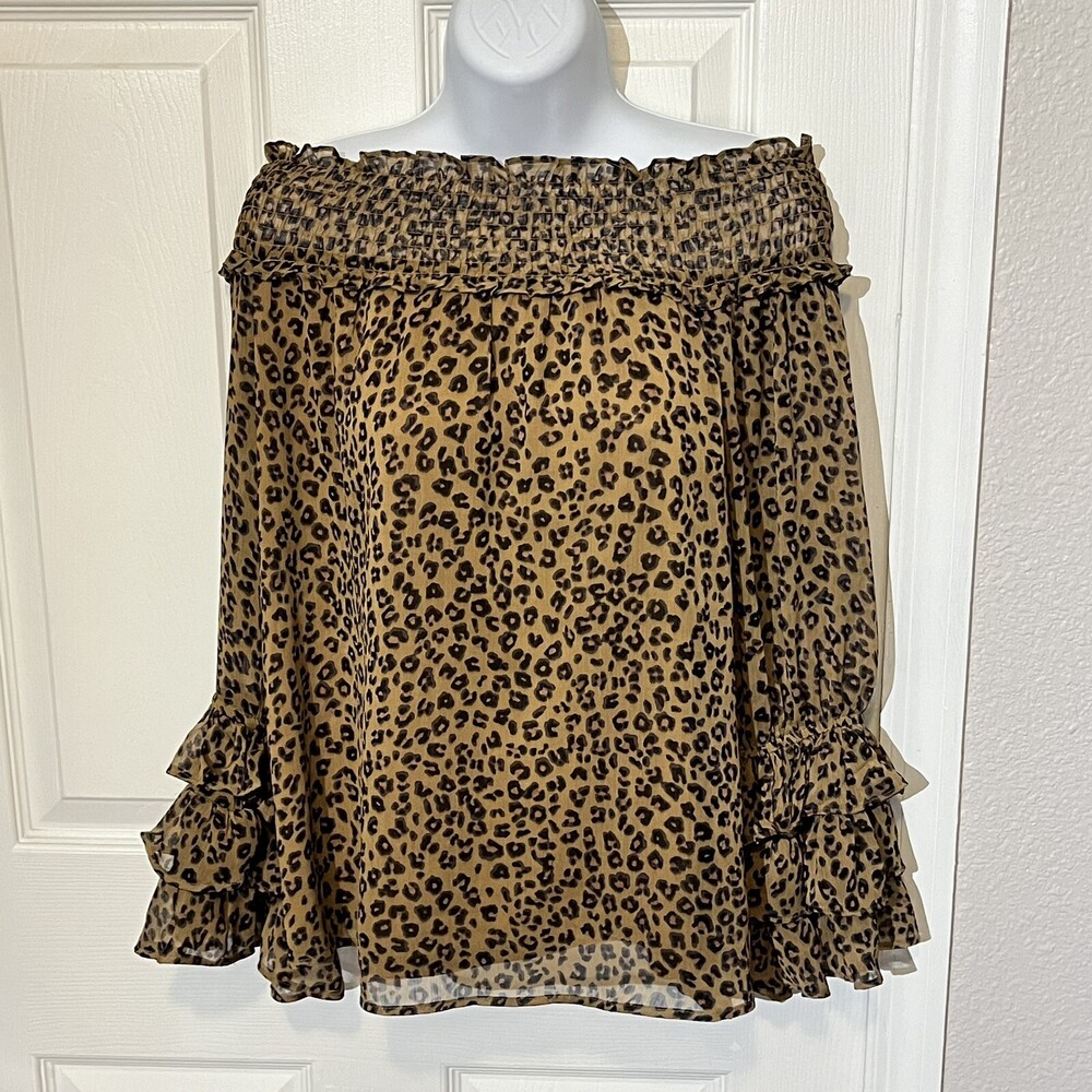 CeCe Womens Leopard Top Ruffle Long Sleeve Off Shoulder Y2K